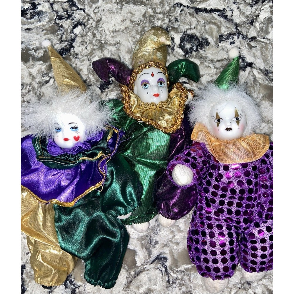 Vintage Porcelain Dolls Set Of 3 Collectibles 1980s Mardi Gras Jesters Louisiana